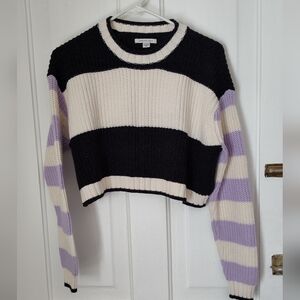 American Eagle Black Cream And Purple Striped Crop Sweater Size XS